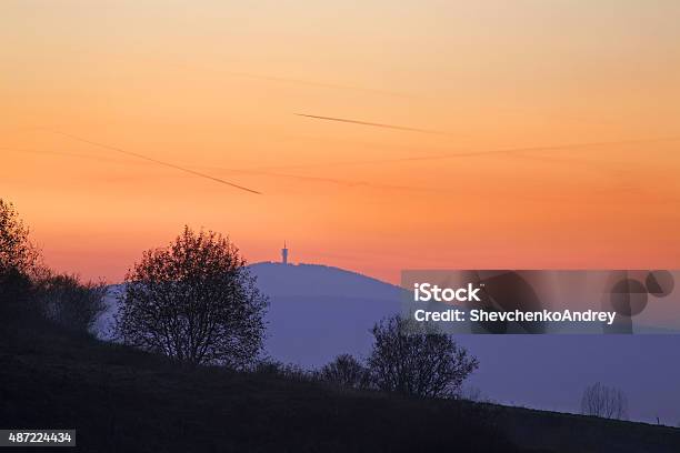 Mountain And Tv Tower Near Vitanova Slovakia Stock Photo - Download Image Now - 2015, Dusk, Hill