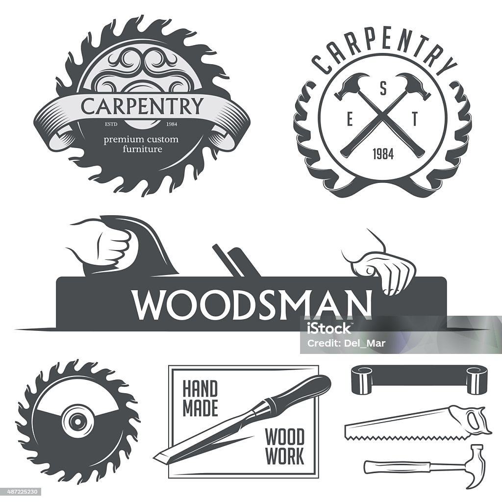 Carpentry and woodwork design elements in vintage style. Carpentry and woodwork design elements in vintage style. Retro vector illustration. Badge stock vector