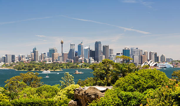 foto panorâmica espetacular do porto de sydney - sydney harbor panoramic sydney australia skyline - fotografias e filmes do acervo