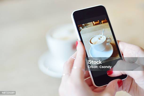 Smartphone Taking Picture From A Coffee Stock Photo - Download Image Now - Mobile Phone, Table, Adult