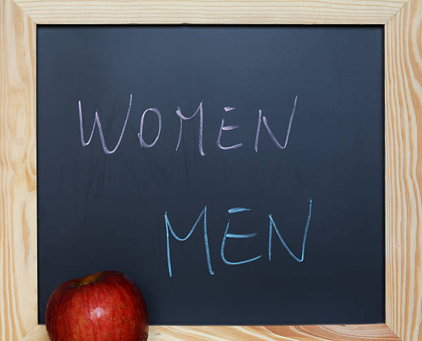 istock Blackboard with 'women men' word and apple 487226327