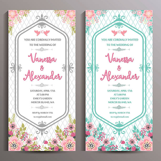 ilustrações, clipart, desenhos animados e ícones de convite de casamento. dois cartões verticais florais, tamanho é de 10 x 21 cm - wedding reception illustrations