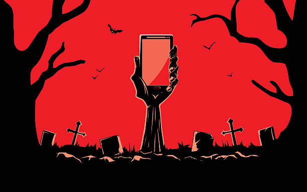 ilustraciones, imágenes clip art, dibujos animados e iconos de stock de zombie mano sosteniendo teléfono inteligente - zombie halloween cemetery human hand
