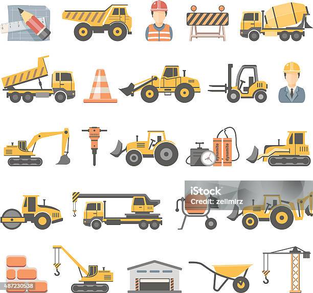 Flat Icons Construction Stock Illustration - Download Image Now - Construction Equipment, Dump Truck, Excavation Machine