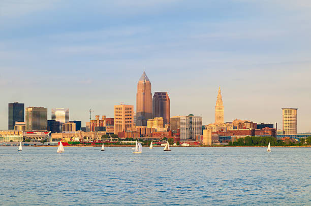 Cleveland on the water Cleveland, Ohio, near sunset, viewed from out on Lake Erie cleveland ohio photos stock pictures, royalty-free photos & images