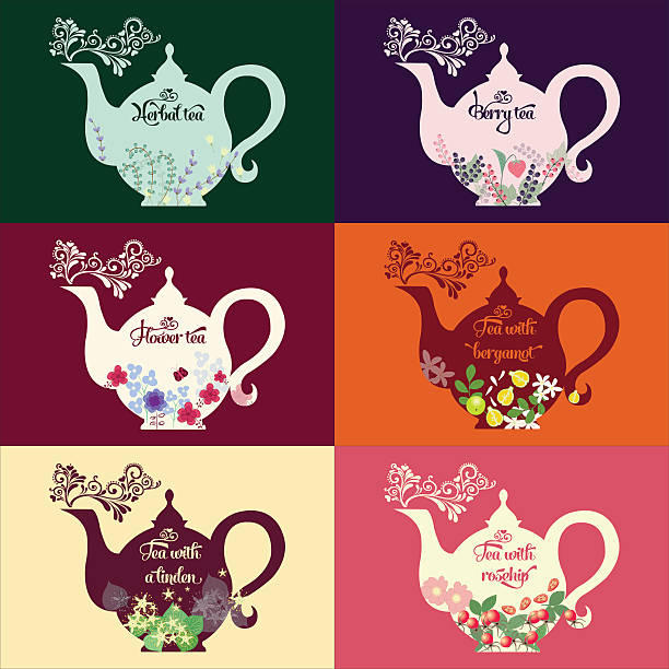 illustrazioni stock, clip art, cartoni animati e icone di tendenza di teiera con erbe e frutta - lavender mint tea