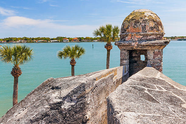 Castillo and Matanzas Bay A sentry box turret overlooks Matanzas Bay at the Castillo de San Marcos, a seventeenth century Spanish Fort in Saint Augustine, Florida. fort stock pictures, royalty-free photos & images
