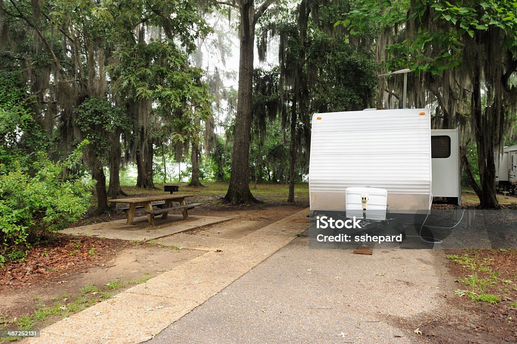 RV travel trailer in wooded campsite Recreational vehicle travel trailer parked in wooded campsite with hanging moss and picnic table. Antenna - Aerial Stock Photo