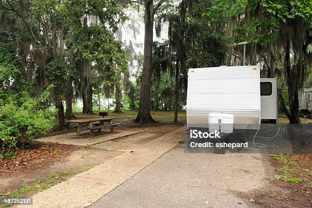 Rv Travel Trailer In Wooded Campsite Stock Photo - Download Image Now - Antenna - Aerial, Motor Home, Camping