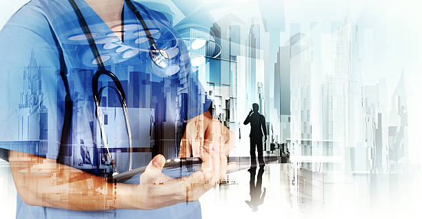 istock Double exposure of image abstract hospital city 487253262