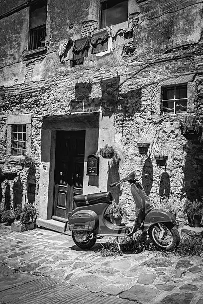 Black and white scene from Cortona tuscan town