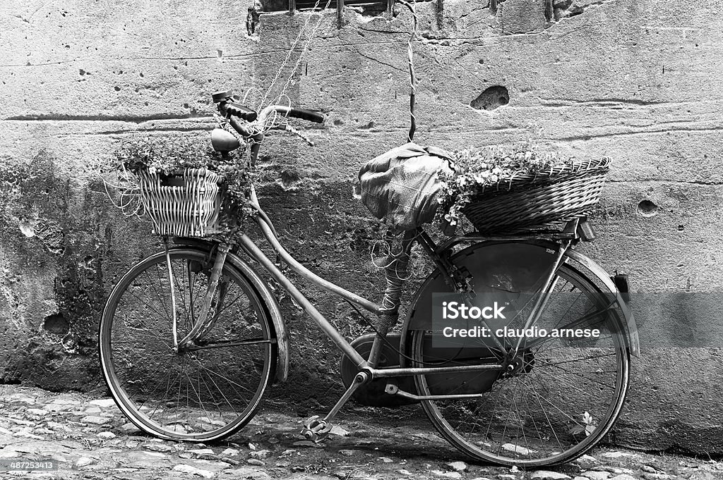 Vecchia bicicletta e fiore.  Bianco e nero - Foto stock royalty-free di Ambientazione esterna