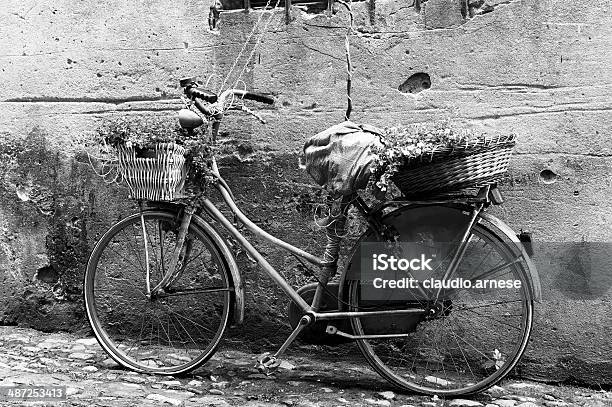 Vecchia Bicicletta E Fiore Bianco E Nero - Fotografie stock e altre immagini di Ambientazione esterna - Ambientazione esterna, Bianco e nero, Bicicletta