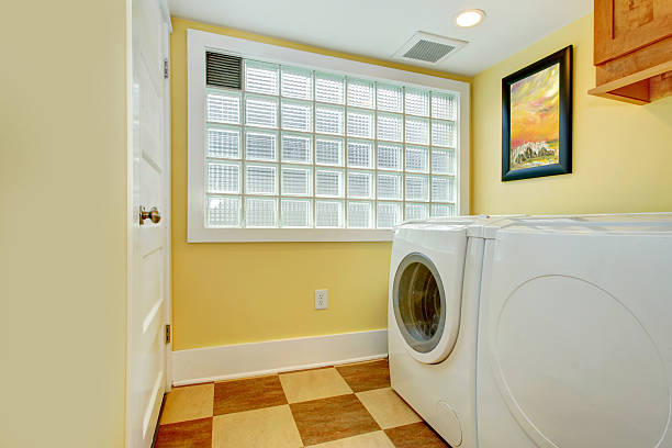 istock Laundry room with glass block window 487253659