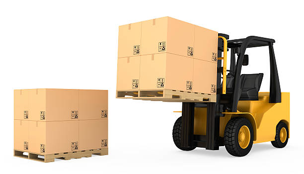 istock Forklift truck with cardboard boxes on wooden pallet 487254518