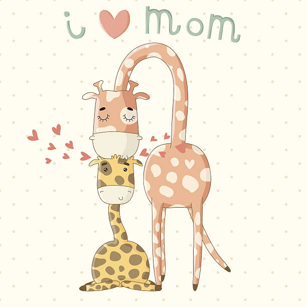 ilustrações, clipart, desenhos animados e ícones de cartão de saudação de dia das mães com lindo desenho de girafas. - kissing child family isolated