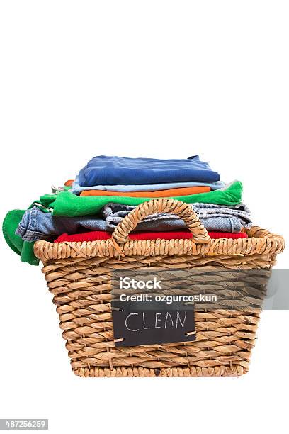 Wicker Laundry Basket Filled With Clean Clothes Stock Photo - Download Image Now - Basket, Casual Clothing, Clean