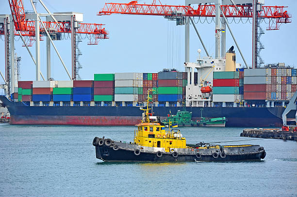 istock Tugboat and port cargo crane 487257507