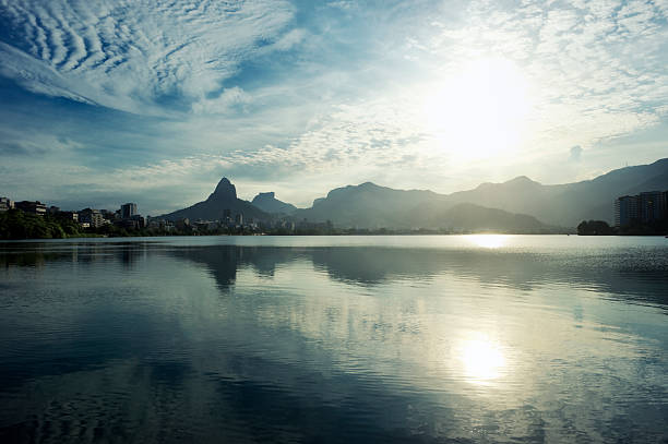 Scenic skyline reflection view of Lagoa lagoon in Rio de Janeiro Brazil with Ipanema and Leblon on the horizon
