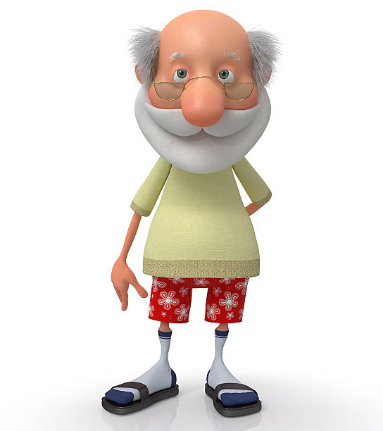 The elderly person in pants and an undershirt poses
