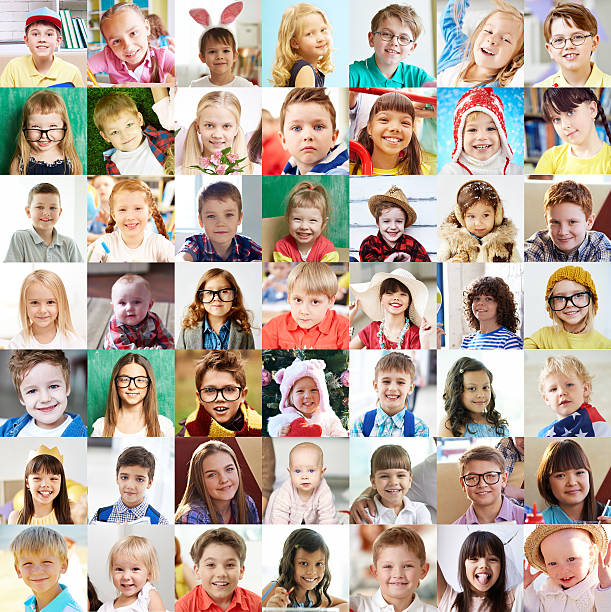 Cute children Composite image of human faces of babies and children. They have different ethnicities. It is montage image. It is perfect for using it in commercial and advertising photography, reports, books, presentation multiple image photos stock pictures, royalty-free photos & images