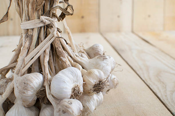 комплект чеснок лампы завязанными на деревянные панели - garlic hanging string vegetable стоковые фото и изображения