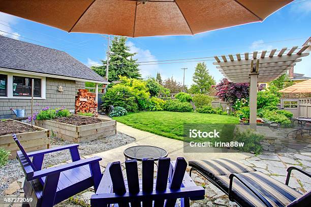 Backyard View From Patio Area Stock Photo - Download Image Now - Chair, Grass, Horizontal