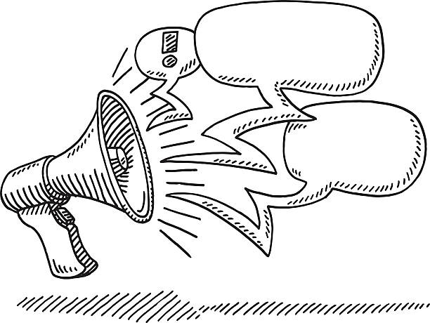 Megaphone Message Speech Bubbles Drawing Hand-drawn vector drawing of a Megaphone Message and blank Speech Bubbles. Black-and-White sketch on a transparent background (.eps-file). Included files are EPS (v10) and Hi-Res JPG. megaphone drawings stock illustrations