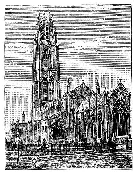 ilustrações, clipart, desenhos animados e ícones de ilustração antiga igreja de st. botolph, boston - old new england boston illustration and painting
