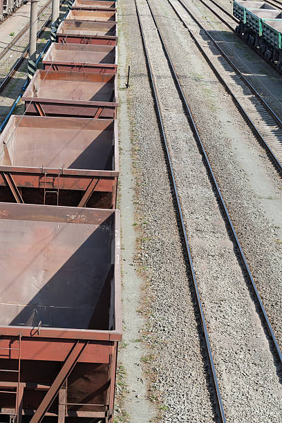 istock Old dirty cargo train with empty cars 487285684
