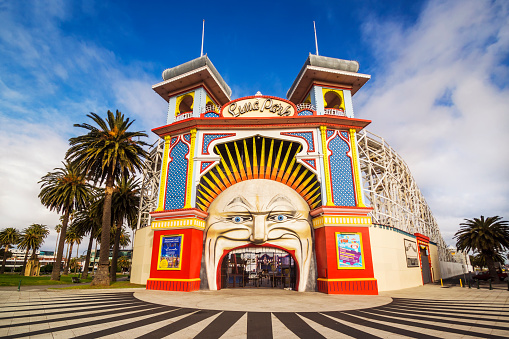 Melbourne, Australia - August 6, 2015: The iconic face at the entrance to Luna Park, an amusement park in St Kilda.