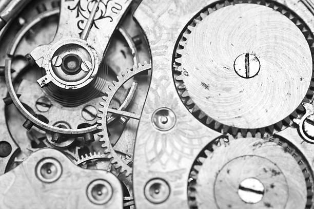 istock Black and white macro photo close-up view of metal clockwork 487291480