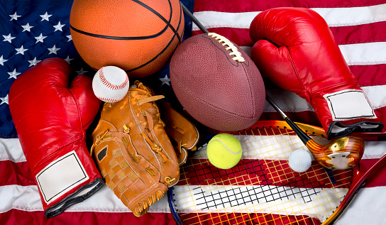 American sports showing boxing,baseball,tennis,basketball,football, and golf.