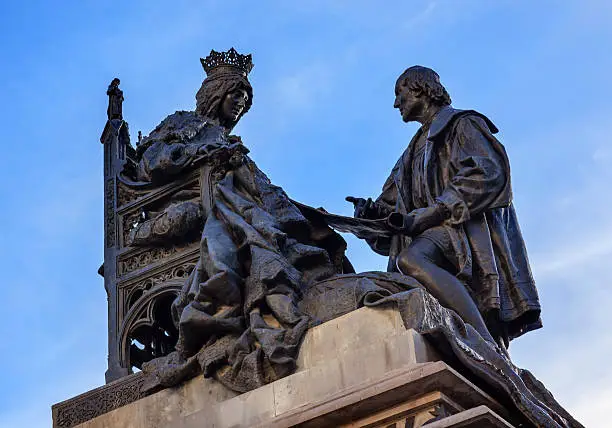 1492 Isabella Agreeing to Contract with Colombus Statue Andalusia Granada Spain.  Statue made in 1892 in Rome.
