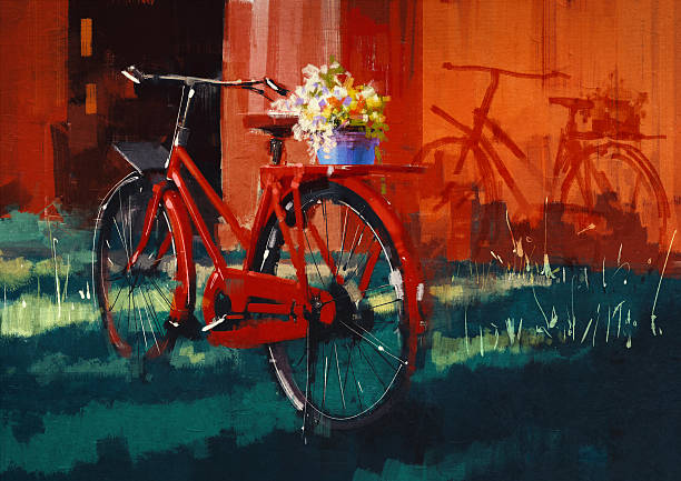 ilustrações, clipart, desenhos animados e ícones de vintage bicicleta com cesta cheia de flores - pintura a óleo imagem pintada