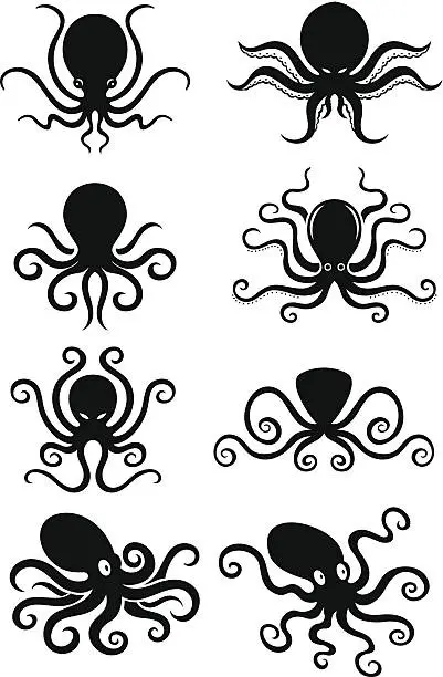 Vector illustration of Set of 8 Octopus icons