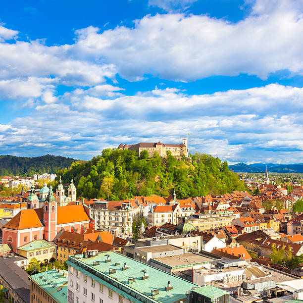 Panorama of Ljubljana, Slovenia, Europe. Panorama of the vibrant Slovenian capital Ljubljana in afternoon sun. ljubljana castle stock pictures, royalty-free photos & images