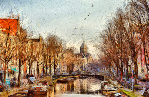 Amsterdam canal at morning impressionistic original oil painting