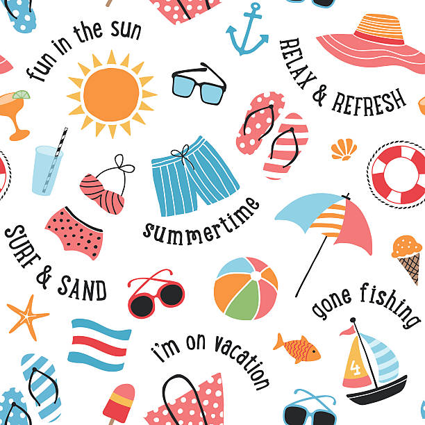 illustrazioni stock, clip art, cartoni animati e icone di tendenza di seamless pattern di icone estate - sunglasses summer sun backgrounds