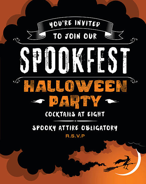 Halloween party invite with a Witch on her broomstick vector art illustration