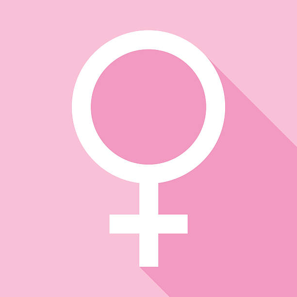 Female Symbol icon Vector illustration of a white female symbol with shadow on a pink square background. female gender symbol stock illustrations