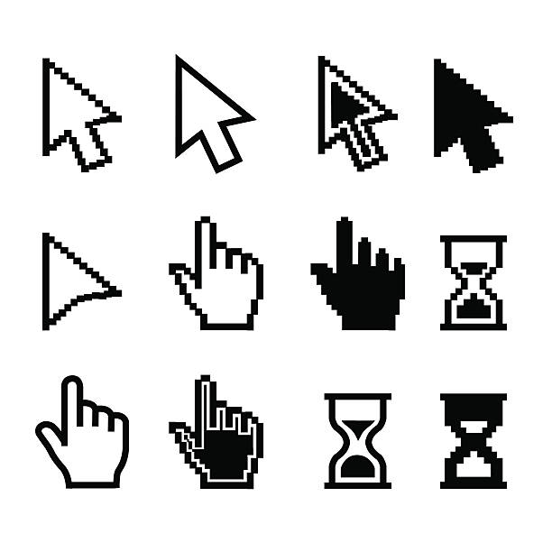 ilustraciones, imágenes clip art, dibujos animados e iconos de stock de pixel ratón cursor cursores iconos de mano cursor reloj de arena-ilustración - pixelado