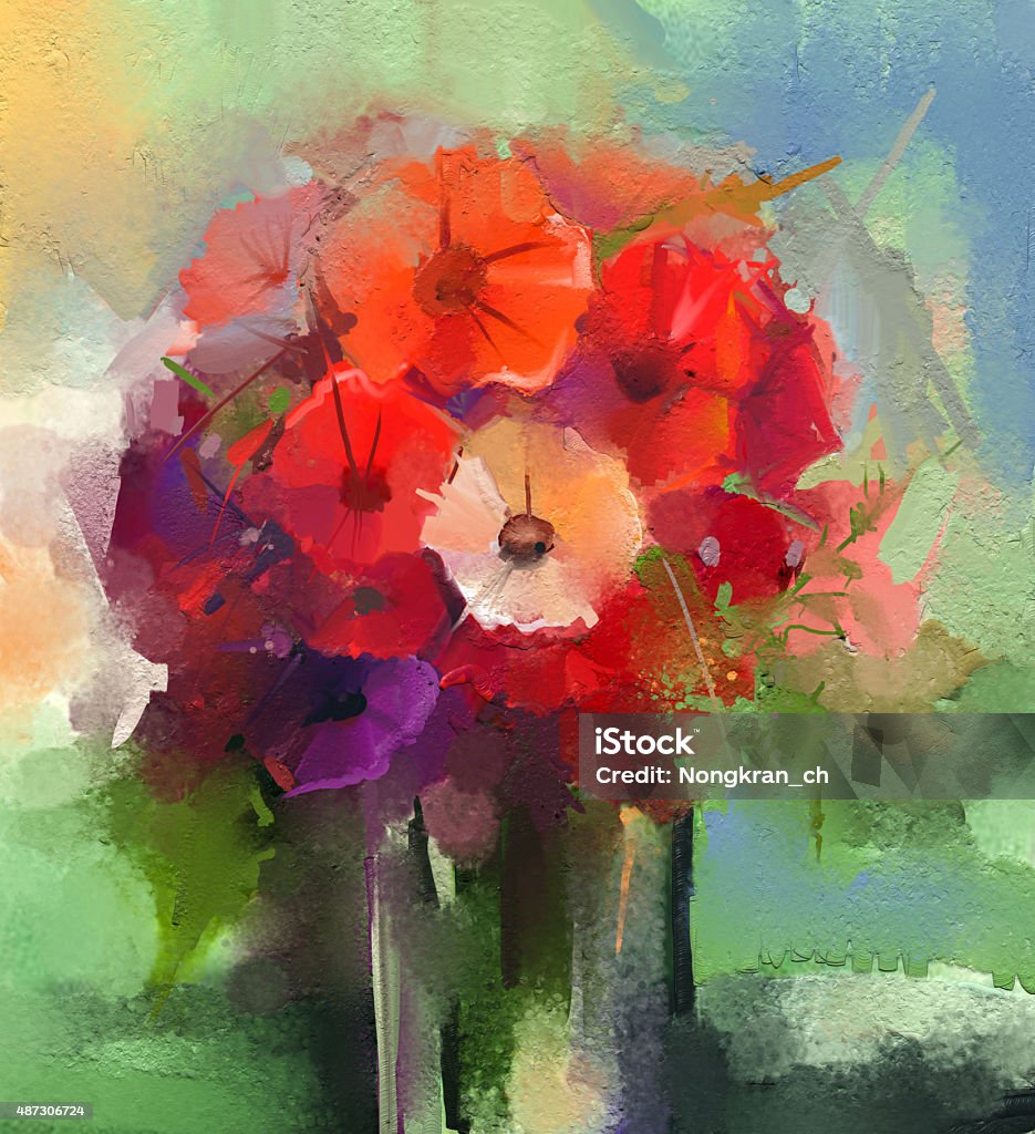 Abstract Oil paintings a bouquet of gerbera flowers in vase Abstract Oil paintings a bouquet of gerbera flowers in vase. Still life of red color flower with soft green and blue color background. Hand Painted floral abstract art painting style Flower stock illustration