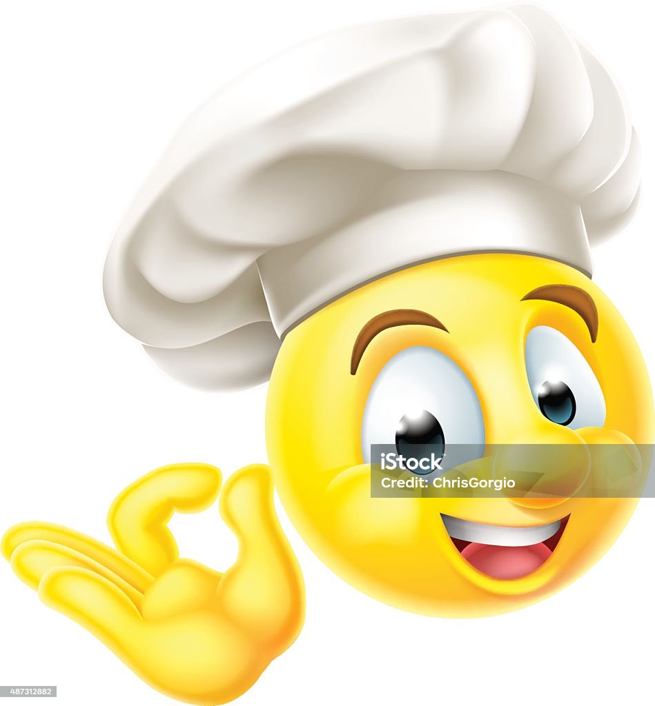 Chef Cook Emoji Emoticon An emoji emoticon smiley face character dressed as a chef with a cooks hat giving a perfect or okay sign with his hand Chef stock vector
