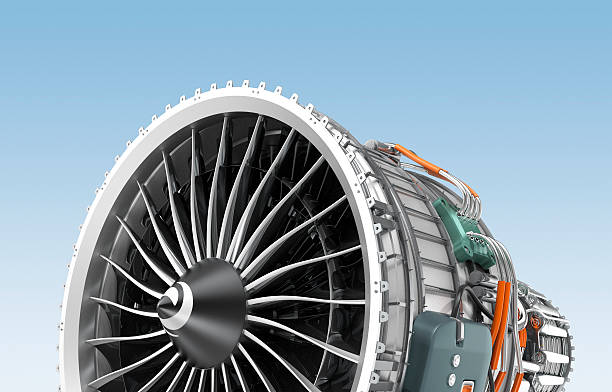 istock Turbofan jet engine isolated on blue background. 487314686