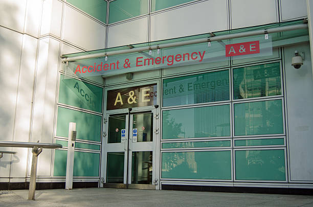 Accident and Emergency Entrance Pedestrian entrance to the Accident and Emergency Unit at University College Hospital as viewed from the pavement on the Euston Road. entrance sign photos stock pictures, royalty-free photos & images