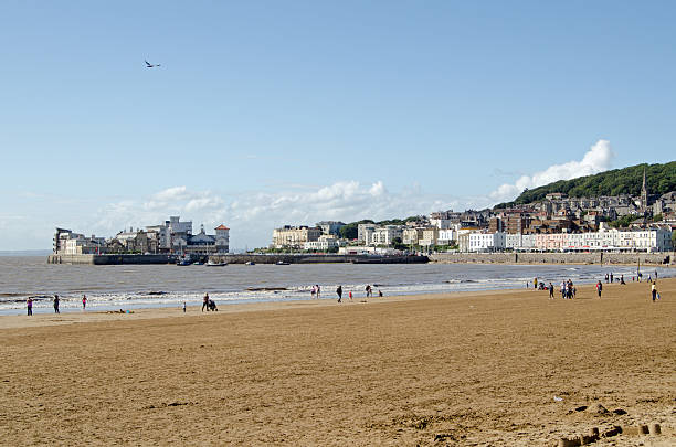 Beach and Old Town, Weston-Super--Mare stock photo