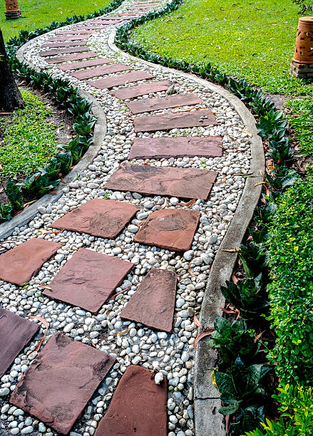 istock brick sidewalk in garden, green park 487317506