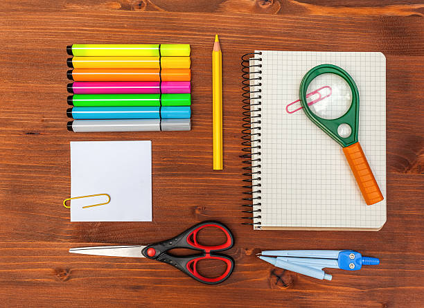 istock Office and school accessories. Above view 487317722