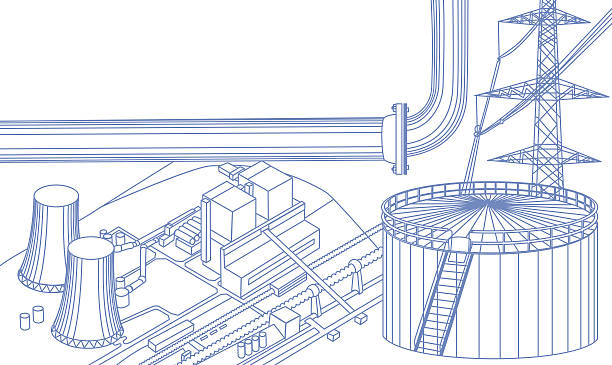 Industry_objects Industrial buildings: power line, tank, pipe, nuclear power plant, scheme. All in thin blue lines. electricity drawings stock illustrations